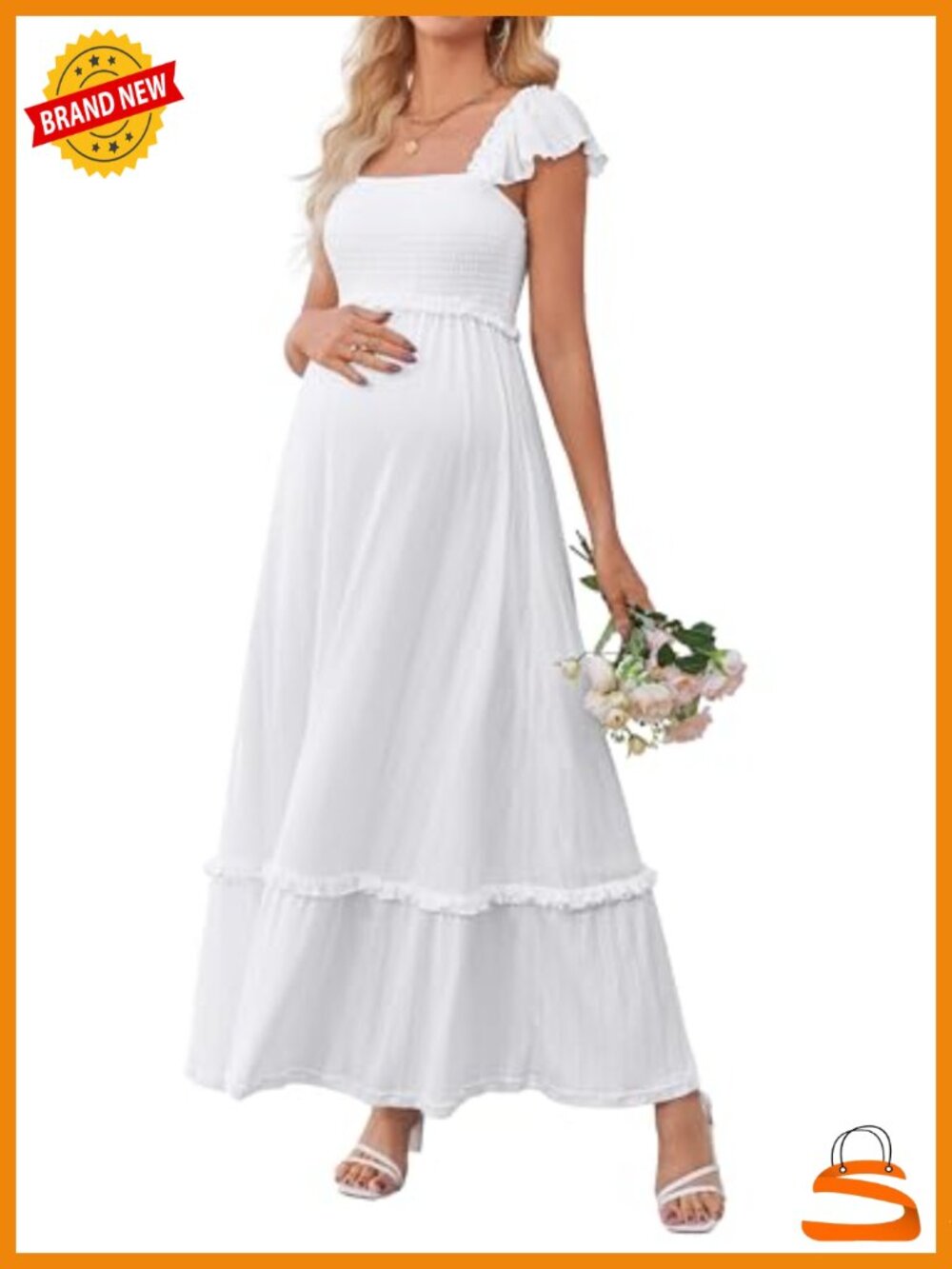 Boho Maxi Maternity Photoshoot Dress Smocked Ruffle Sleeve